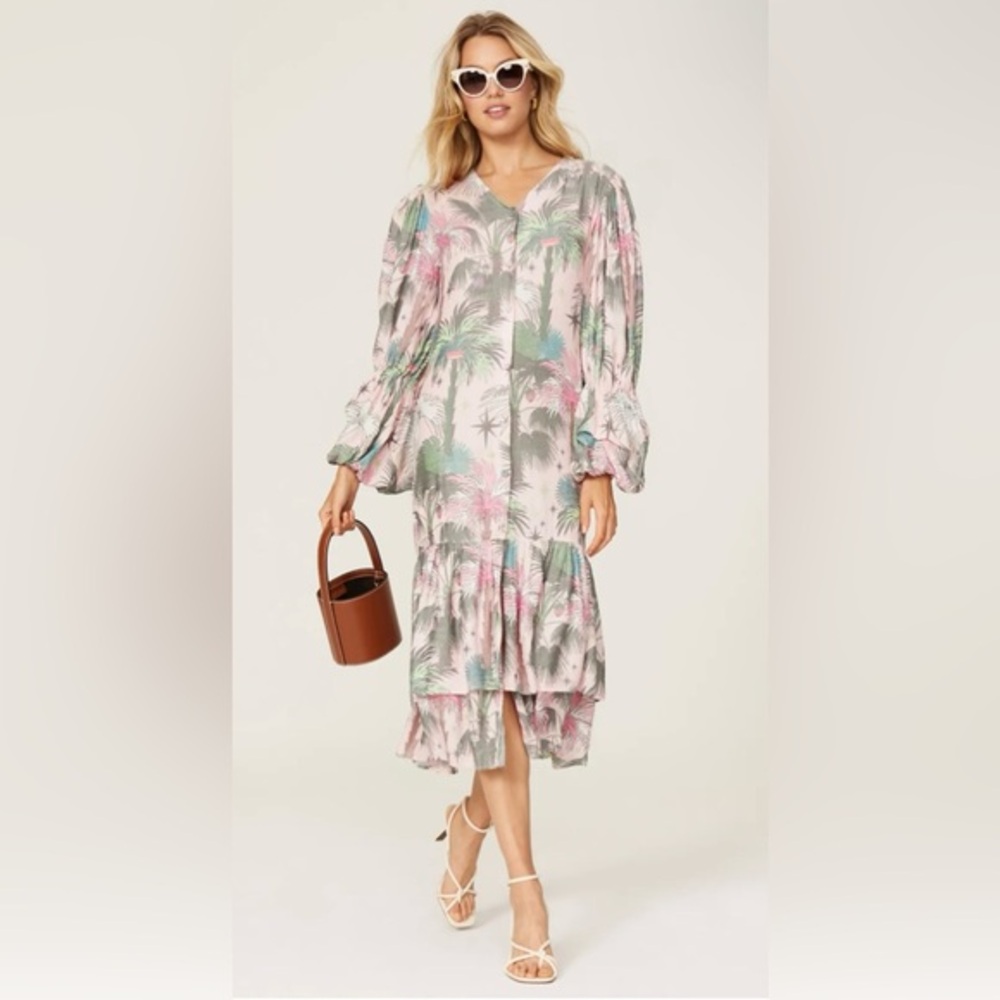 LoboRosa Pink Floral Puff Sleeve Midi Dress 
Sz: L